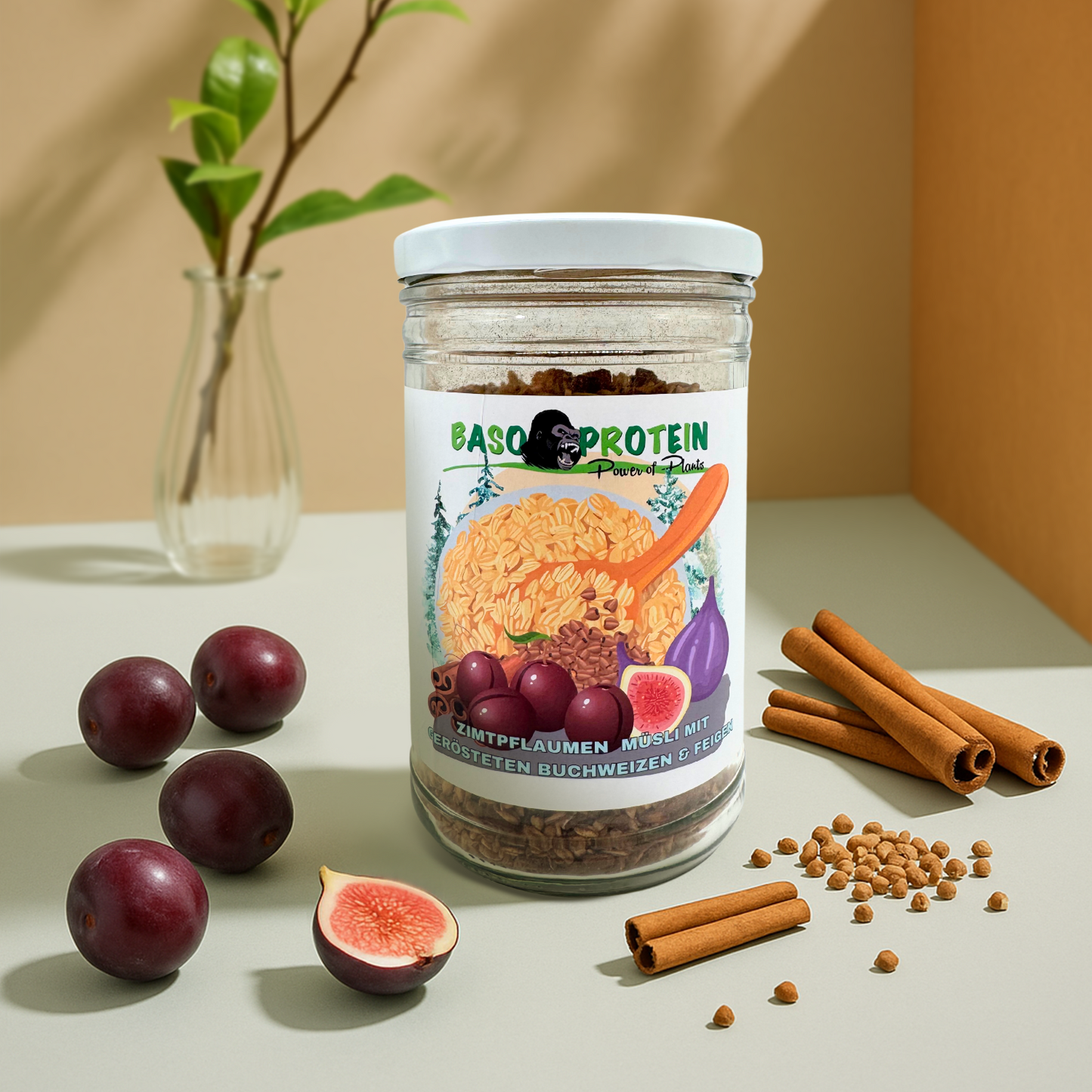 Zimtpflaumen Müsli mit geröstetem Buchweizen und Feigen