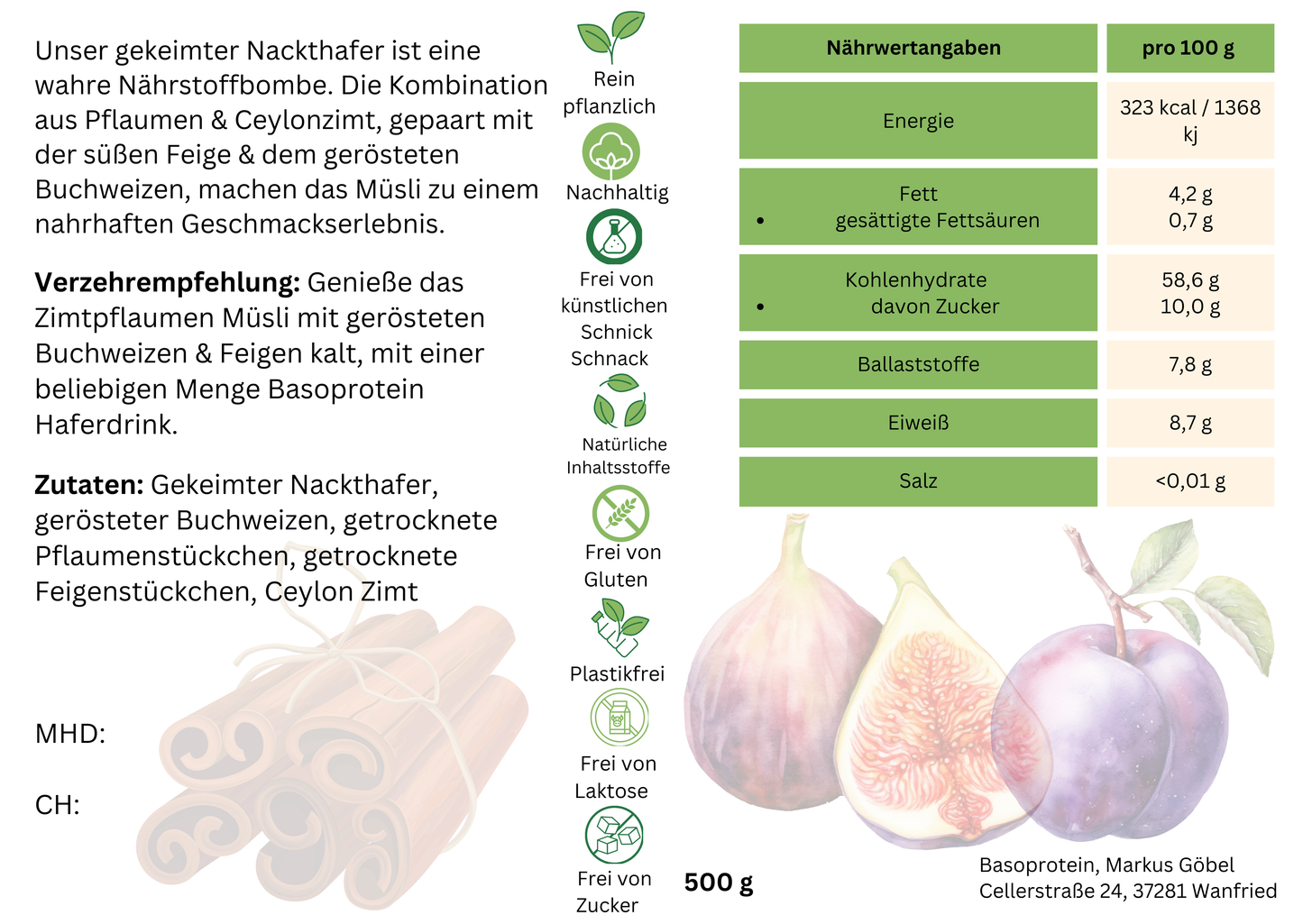 Zimtpflaumen Müsli mit geröstetem Buchweizen und Feigen